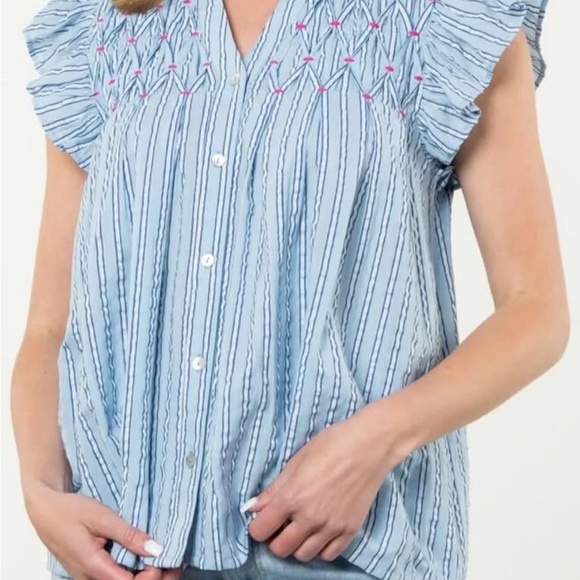 Thml Blue Striped Ruffle Sleeve Blouse - Picture 5 of 6